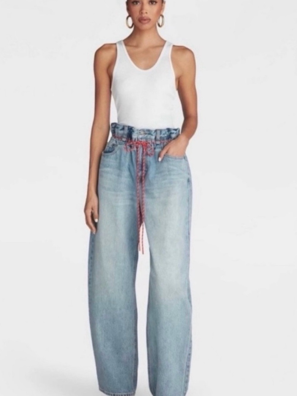Kbb ;KAHLANA ;High-Rise Light Wash Paperbag Jeans with Rope Tie